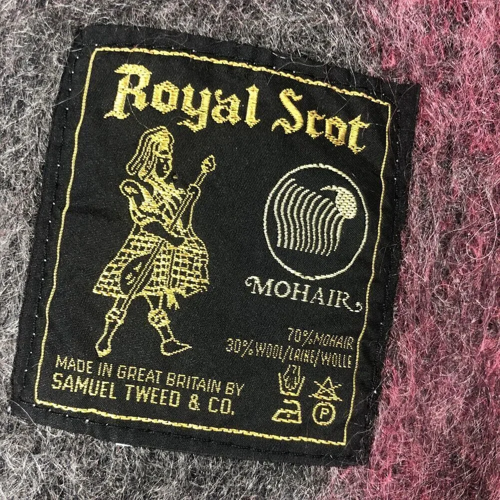 New‎ Royal Scot Plaid Blanket Red Gray Fringe Mohair Wool Afgan 57x70 Vintage